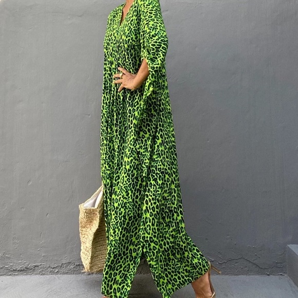 SOLD OUT Lime Green Leopard Animal Print V-Neck Long Maxi Kaftan Kimono Dress - Picture 8 of 8